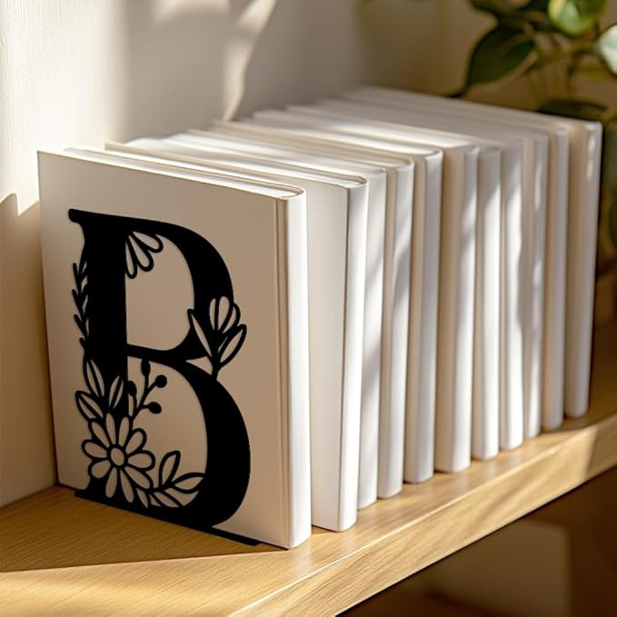 Peacoblue Metal Bookends for Shelves, Modern Decorative Heavy Duty Study Book Ends Stoppers for Office, Desk, Shelf, Room 5.3"x4.3"x7.1" Cast Iron Simple Tall Bookends 1 Pair (Letter B with Flower)
