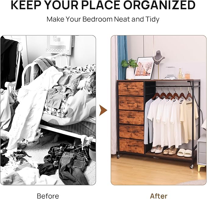 5 Drawer Fabric Dresser with Clothes/Hanging Rail/Rack Chest of Drawers with Charging Station Wardrobe/Closet Dresser for Bedroom, Brown