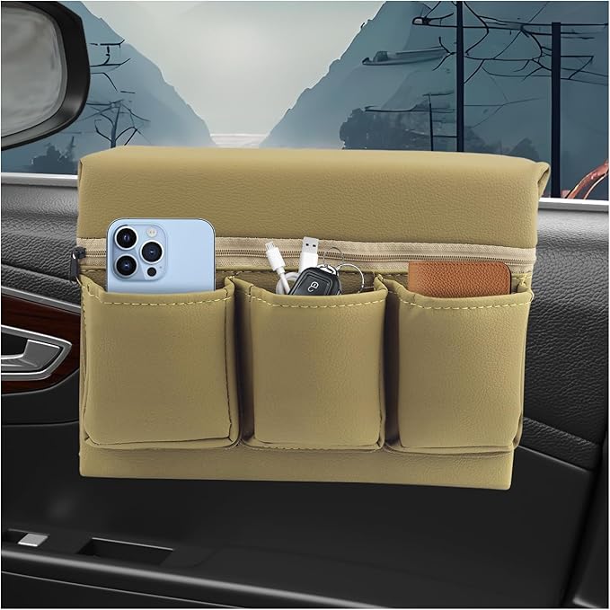 Car Armrest Storage Box for Window,Multi-Function Car Window Armrest Organizer with Multiple Storage Pockets,Arm Rest Organizer Cars Windows for Armrests and Increasing Storages (Beige)