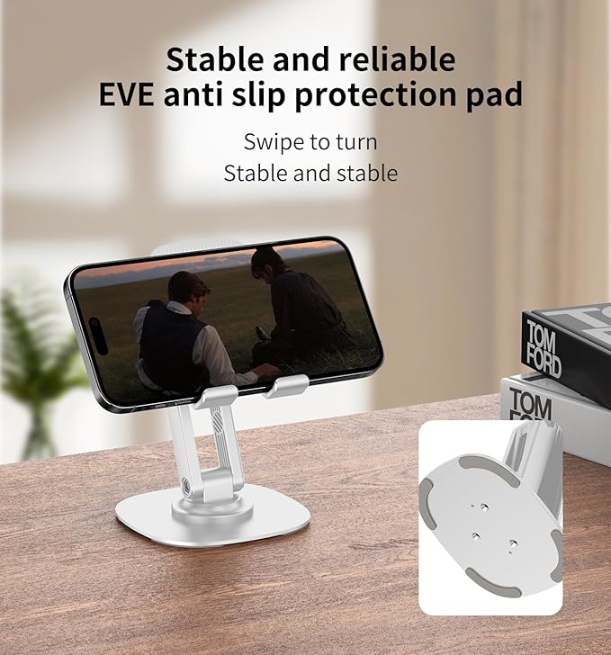 360° Rotating Cell Phone Stand for Desk, Adjustable & Foldable Phone Holder, Aluminum Desktop Phone Stand with Anti-Slip Base, Compatible with iPhone, iPad, Android Phones, K69-White
