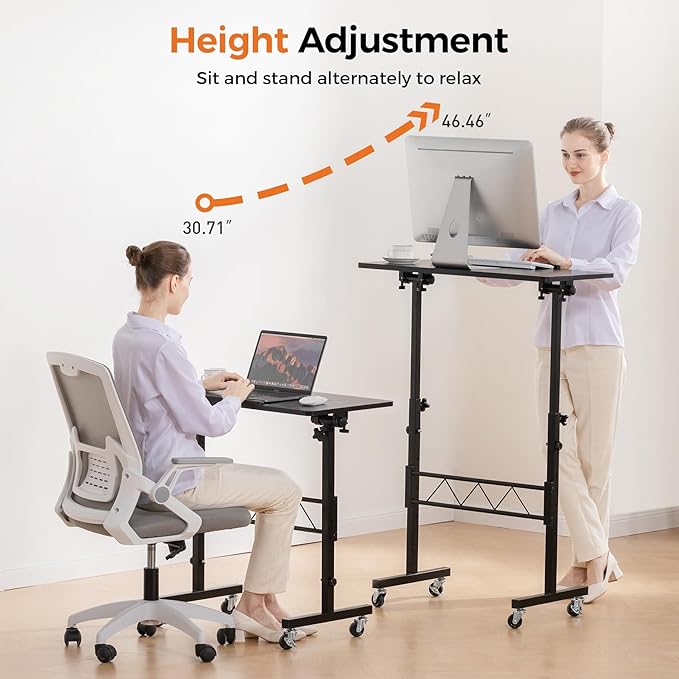 COMHOMA Standing Desk Adjustable Height & Tiltable Tabletop, Portable Stand Up Desk for Laptop, Mobile Folding Desk for Home Office Work and Walking Pad Treadmill, Height 30.7"-46.4", Black
