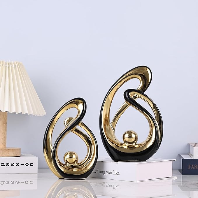 Abstract Ceramic Statue Set of 2, Black and Gold Home Decor, Modern Art Living Room Decor, Room Accessories tv cabinets Bookshelves dividers Dining Table centerpieces, Foyer Entry Decor.