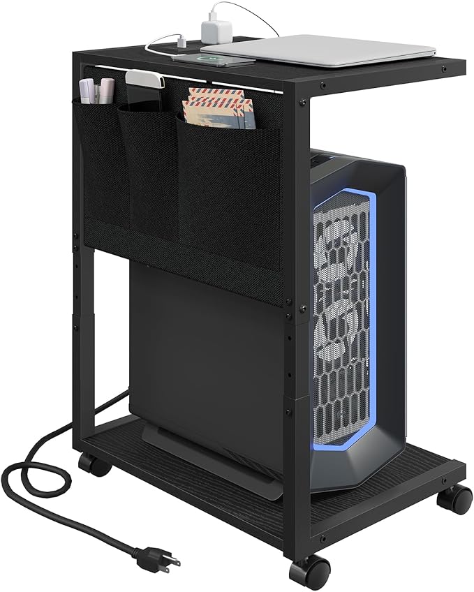 YATINEY PC Stand, Computer Tower Stand with Charging Station, Height Adjustable PC Tower Stand for Floor, 2 Tier Computer Cart On Wheels, 23.1" -29" H,19.7" L x 11" W, for Home Office, Black CJ60BB