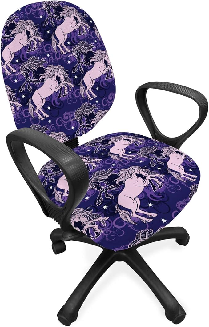 Ambesonne Unicorn Office Chair Slipcover, Dreamy Star Mystic Creature Galloping Among Night Clouds Cosmos Theme, Protective Stretch Decorative Fabric Cover, Standard Size, Lilac Indigo