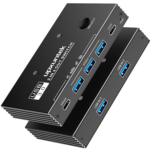 USB 3.0 Switch Selector, 2 Computers Sharing 4 USB Devices, 5Gbps High-Speed Switch for Keyboard, Mouse, Printer, Scanner, Includes USB-A & USB-C Cables