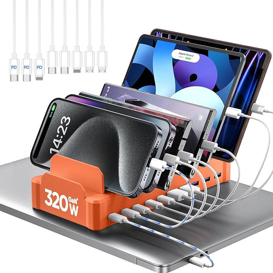 320W Charging Station for Multiple Devices, Zobirez 10-Port USB C Fast Charger Stations for MacBook, iPhone, Android Cell Phone, iPad, Tablet Family Multi-Device Organizer Charging Dock, Orange