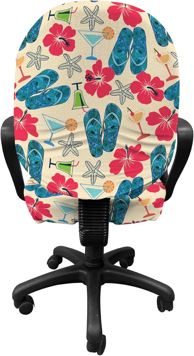 Ambesonne Flip Flop Office Chair Slipcover, Exotic Summers Hibiscus Flower Starfishes Martini Cocktail and Beach Sandals, Protective Stretch Decorative Fabric Cover, Standard Size, Blue Red