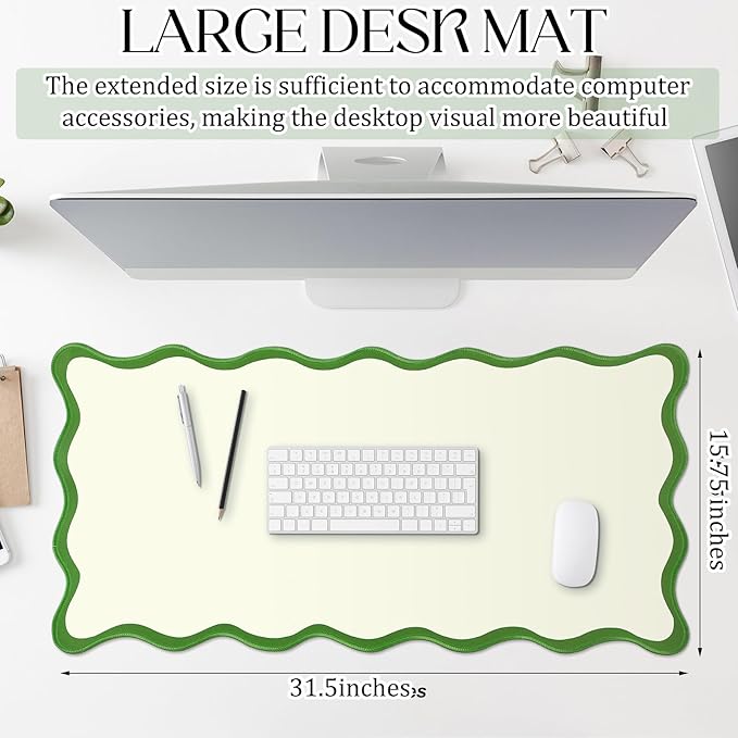 Hahafelt Scalloped Desk Mat Large Scalloped Piping Cute Desk Mat Aesthetic Preppy Table Pad Large Nonslip Pad with Edge Stitching Waterproof Gaming(Green,31.5 x 15.8 Inches)