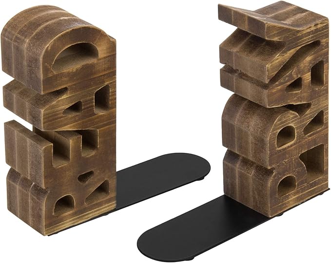MyGift Book Ends Christian for Shelves, Wood Bookends Carved in Read and Pray Block Letters, Decorative Book Stands for Home Library Bookshelf Office Desk, Rustic Burnt Brown, 2 Pcs Set