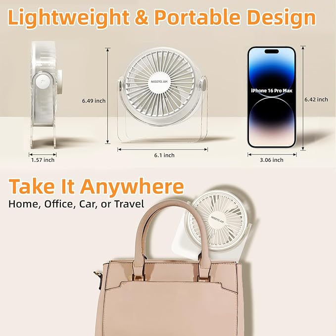 USB Desk Fan, 6Inch Portable Table Fan, 3 Speeds Quiet Powerful Cooling,Personal Mini Small Fan with Adjustable Tilt for Desk Bedroom Home Office Car Table Travel, No Battery, White