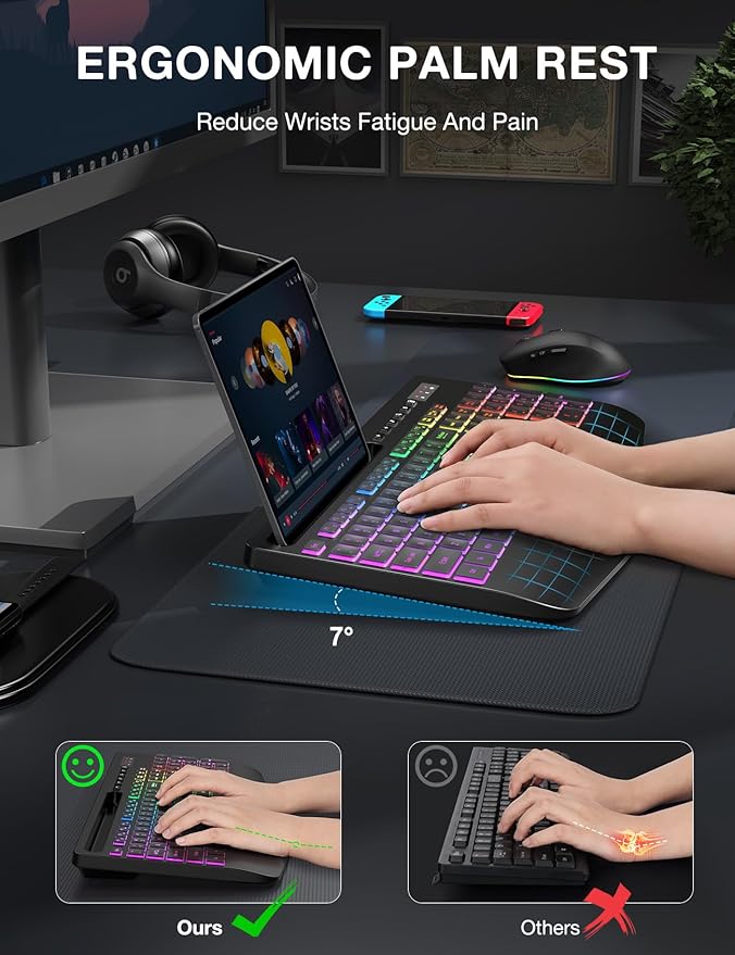 Wireless Keyboard and Mouse Combo - 9 Backlit Effects, RGB, Ergo Wrist Rest, Phone Holder, 2.4G Full Size, Rechargeable, Sleep Mode, KM22 MAX Quiet Set for Computer, PC, Laptop, Mac, Windows- SABLUTE