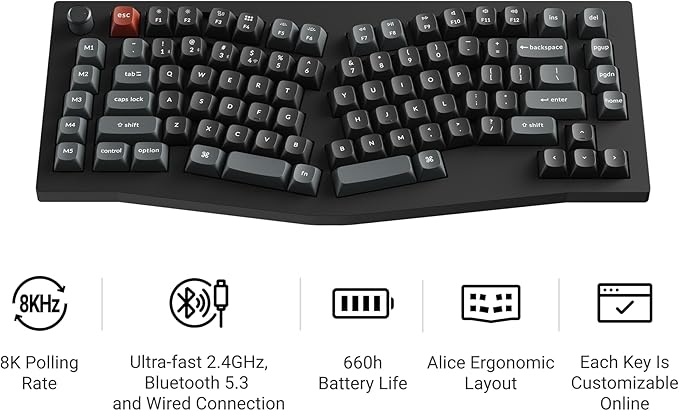 Keychron V10 Ultra 8K Wireless Mechanical Keyboard, 75% Alice Ergonomic Layout, 8000Hz 2.4GHz/Bluetooth 5.3/USB-C Wired, Hot-Swappable ZMK Custom Keyboard with Knob,PBT Keycaps for Mac & Windos
