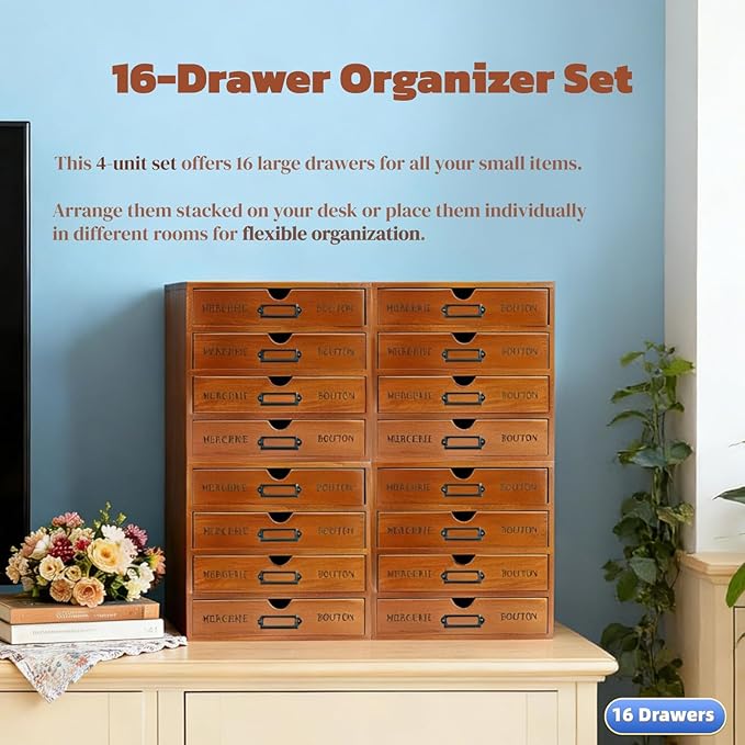 16-Drawer Wooden Desk Organizer Storage Box with Label Holders Vintage Wood Desktop Organizer, Desk Drawer Unit Collectors Box for Living Rooms, Bedrooms, Offices (Brown, 4PCS, 16 Drawers)