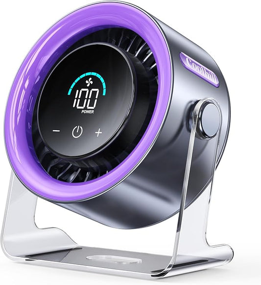USB Desk Fan for Bedroom: 100 Speeds Digital Display Quiet Table Fan with Turbo Airflow, 120° Rotating Small Rechargeable Battery Desktop Fans for Bedroom Home Office (Purple)