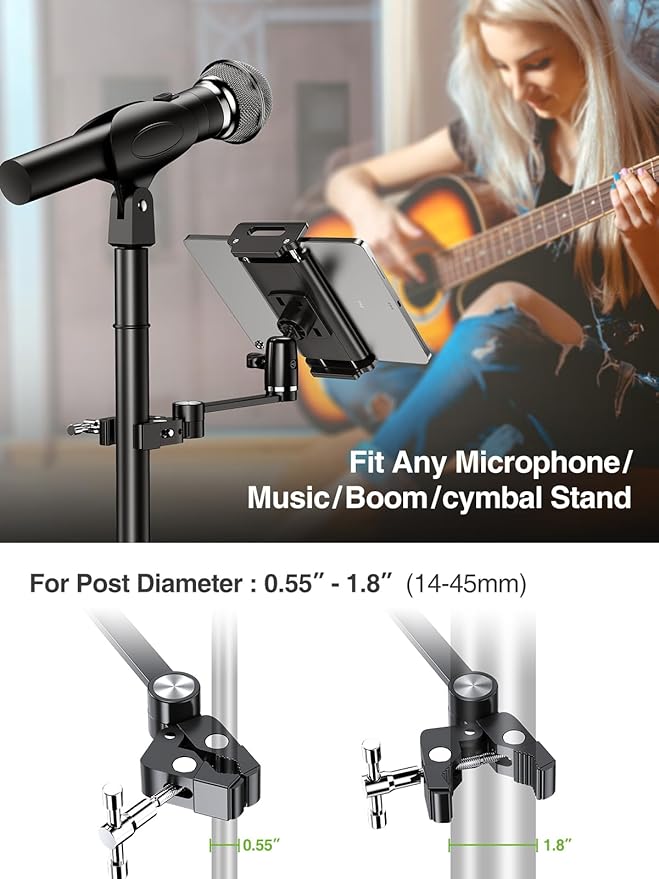 elitehood 8.5in Long Arm iPad Holder for Mic Stand, 360° Adjustable Aluminum Mic Stand Tablet Holder for Microphone & Stage Music, iPad Mount Compatible with 4-13in Tablets, iPhone and Phones