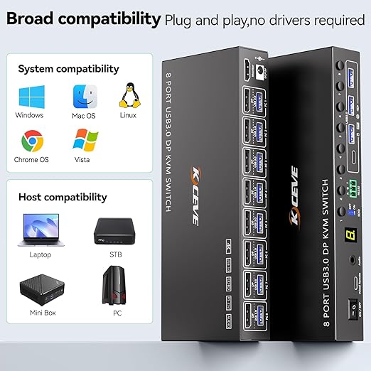 8 Port DisplayPort KVM Switch 4K@60Hz EDID Simulation, USB 3.0 DP KVM Switch for 8 Computers Share 1 Monitor and 4 USB Devices, Audio RS232,Wired Remote, 12V Power Supply & 8 USB Cables Included