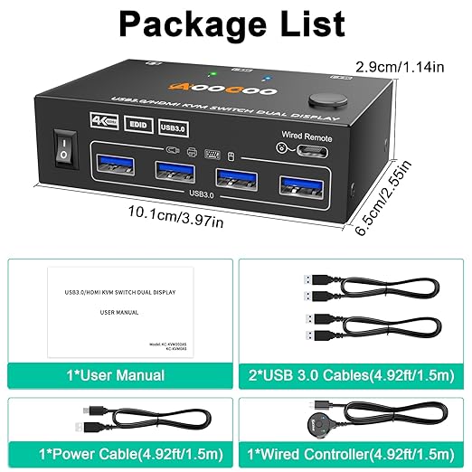 Dual Monitor HDMI KVM Switch 2PC 4K@60Hz Simulation EDID,HDMI USB 3.0 Switch Extended Display 2 Monitors 2 Computers with USB 3.0 Cables and Wired Controller