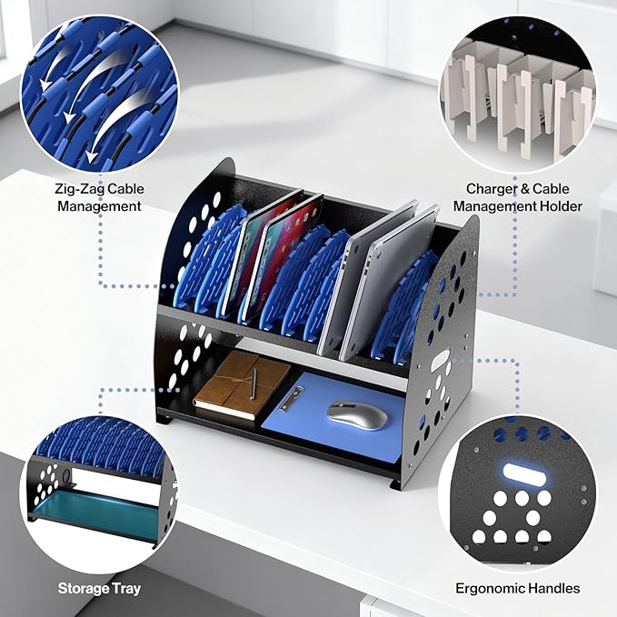 POCHAR 10-Device Charging Station for Chromebook, Tablet - Laptop Storage Rack with Storage Space, Multi-Device Charging Organizer for Classroom, Office, Hospital