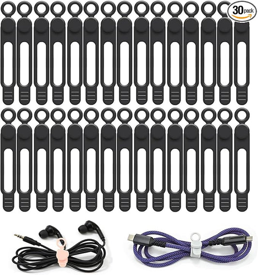 30Pcs Silicone Cord Organizer Reusable 3in Cable Ties for Charging Cords, Data Cables, Computer Wires Electrical Cord Organization Black