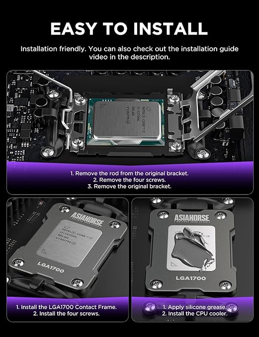AsiaHorse LGA 1700 CPU Contact Frame, 100% Flush Anti-Bending Secure Frame for Intel CPU, High-Strength Metal Construction Compatible with H610/B660/Z690/Z790 Motherboards, Enhances Cooling Efficiency