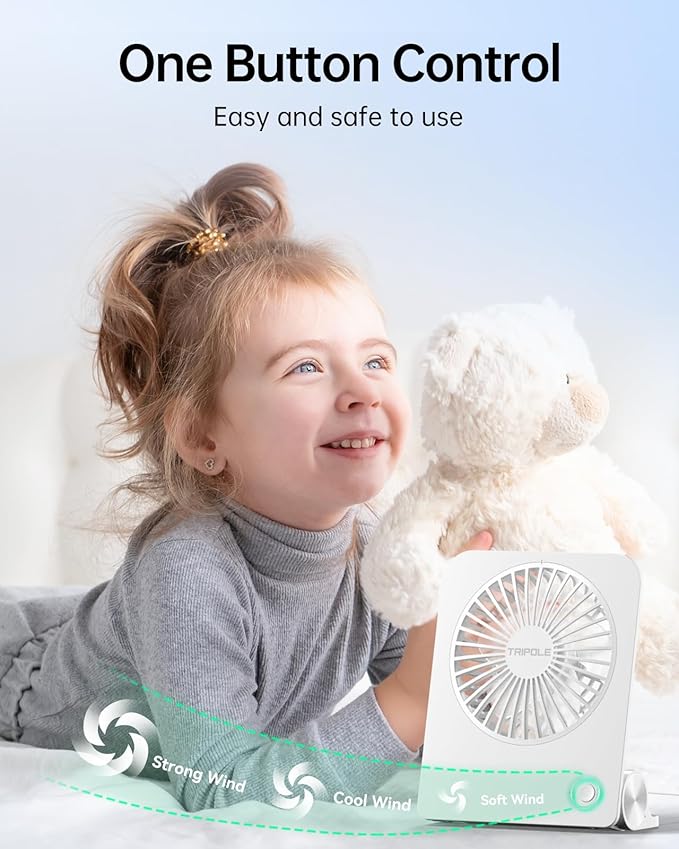 TriPole Desk Fan Small Portable Fan 2000 mAh Rechargeable Battery Ultra Quiet 4.5 Inch Mini Travel Fan with 180° Tilt Folding and 3 Speeds Adjustable for Home Office Desktop White