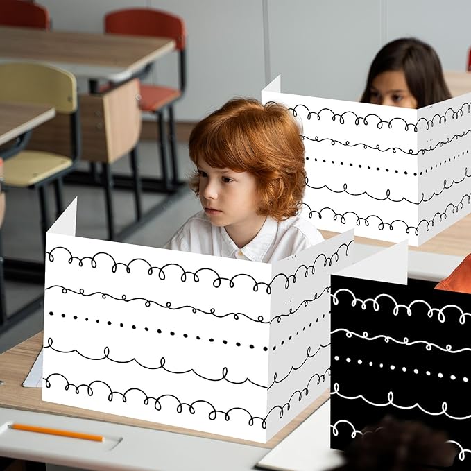 Whaline 24Pcs Student Desk Privacy Boards Classroom Desk Divider White Black Squiggle Dots Shield Privacy Panel Folders Screen Partition for School Teacher Student Test Supplies