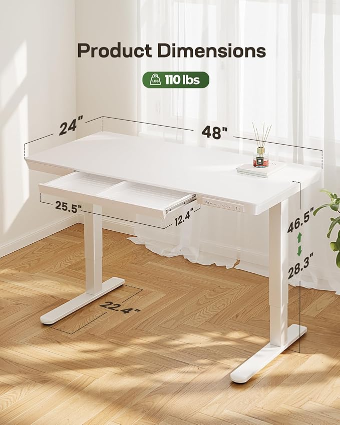 Marsail Standing Desk with Drawers,48 x 24 inch Adjustable One Piece Wooden Standing Desk, Electric Adjustable Height Desk with Storage & USB Charging Ports,Raised Computer Small Desk for Office White
