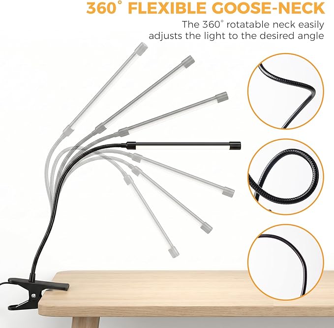 Clip on Reading Light for Books in Bed: Adjustable Dimmable Gooseneck Eye Caring LED Small Desk Table Lamps with Clamp: 3 Modes Lighting Night Lamp for Bed Headboard - Bedside（with Power Adapter）