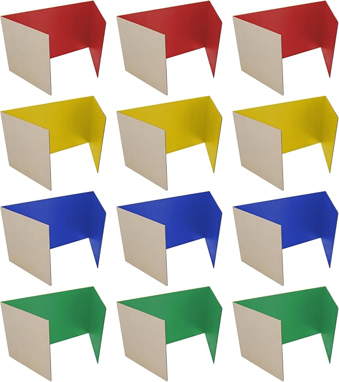 Flipside Products Assorted Color 12 Pack Study Carrel, 12”x48” Red, Green, Blue and Yellow Privacy Boards, Student Privacy and Focus Booth for The Classroom, Desk Divider Cubby for Tests, Made in USA
