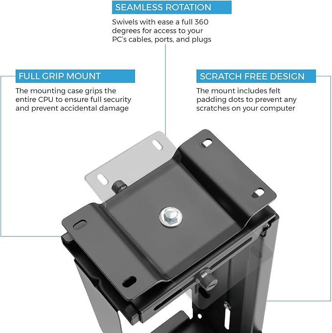HumanCentric Adjustable Under Desk Computer Mount and Wall Mount, CPU Holder Fits Most PC or Computer Cases, Adjustable Height and Width, Full 360 Swivel, Up to 22 lb, Hardware Included