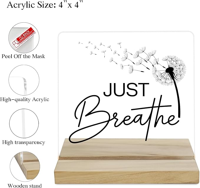 Just Breathe Desk Decor Sign, Inspirational Yoga Acrylic Decor for Home Office