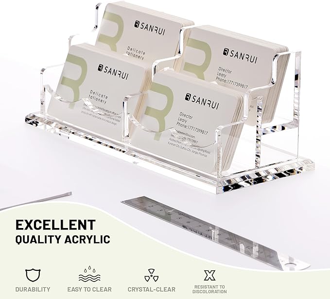 SANRUI Acrylic Business Card Holder for Desk, Horizontal Clear Name Card Display Stand Desktop Display Stand for Business Cards, Business Card Organizer, Perfect for Offices & Professionals 4 Slots