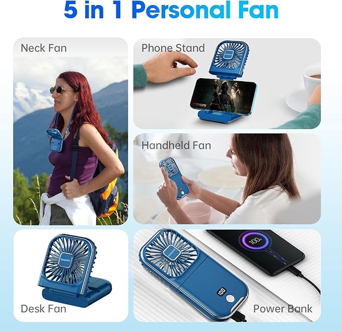 USB Rechargeable Upgraded 5-in-1 Portable Handheld Fan, Necklace Fan, Desk Fan, Foldable Phone Stand, 4 Speeds Airflow, Quiet Personal Fans with LED Digital Screen (Blue)