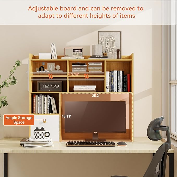 ELECWISH Desktop Bookshelf, Desk Shelf with 2 Drawers for Computer Desk, 36.22" 7-Tier Adjustable Desktop Hutch Organizer with Pegboard for Home Office, Oak