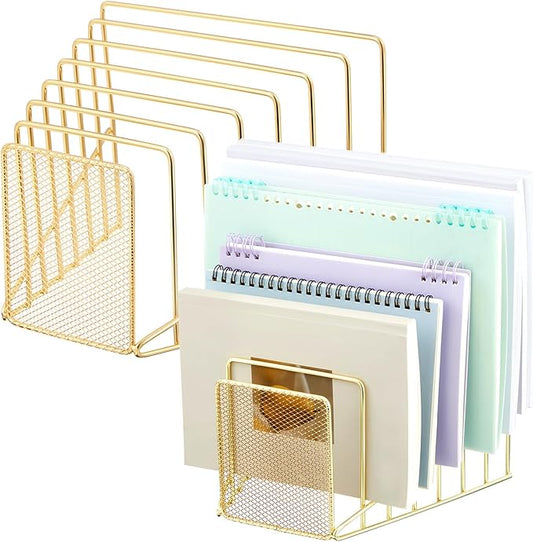 2 Pcs 7 Section Wire File Organizer for Desk, Metal Mesh Incline File Holder, Letter & Magazine Folder Rack, Desktop Paper Sorter for Home Office School (Golden)