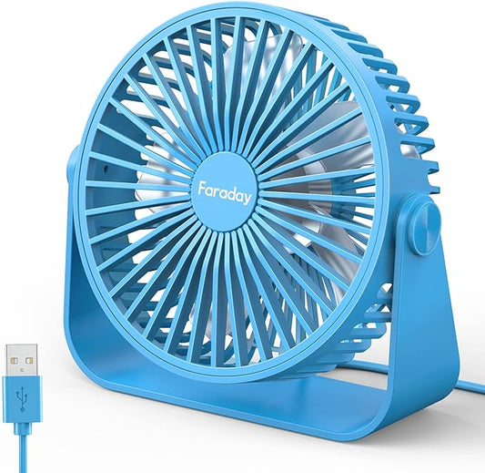 FARADAY USB Desk Fans 5 Inches Portable Table Fans 360° Head Rotation Small Personal Desktop Fan for Home Office, 3 Speeds, Blue