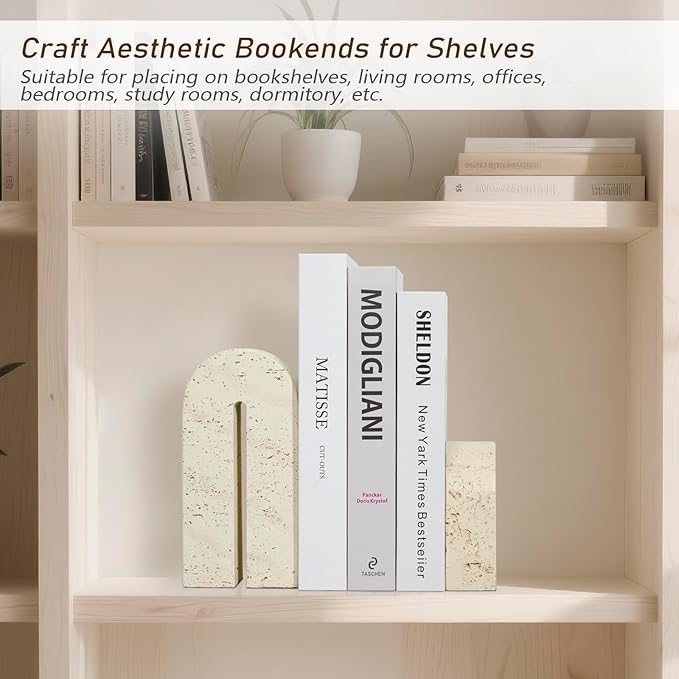 BOHDK Book Ends for Shelves, Resin Heavy Duty Decorative Bookends, Retro Arch Book Holder for Heavy Books, Imitation Travertine Book Stopper for Home Decor, Study, Bookshelf, Desktop, Set of Two