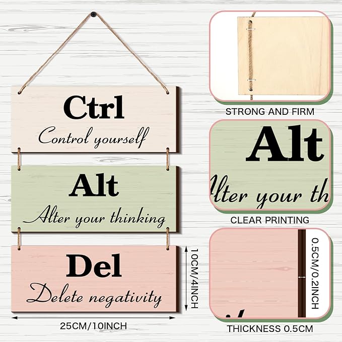 Qunclay 3 Pcs Office Wall Decor Boho Leaves Wood Rustic Hanging Cubicle Decor Summer Inspirational Ctrl Alt Del Sign Decoration for Bathroom Indoor Home Living Room