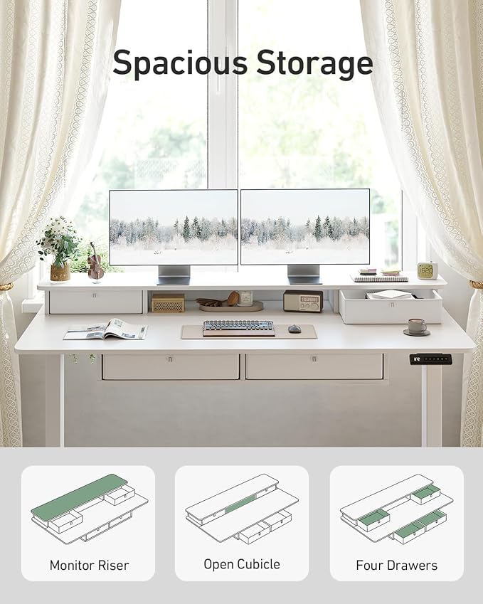 CubiCubi 55" x 30" Standing Desk with Drawers, Height Adjustable Electric Workstation, Computer Sit Stand Up Table with Large Storage Shelf 4 Drawers and 2 Hooks, White