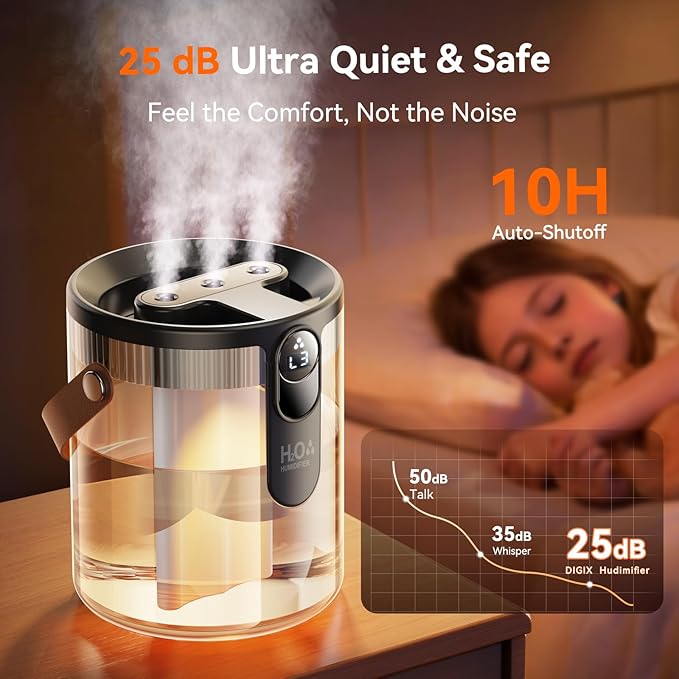DIGIX Small Portable Humidifiers for Bedroom, 1.4L Top Fill Cool Mist Humidifier for Home Office Travel, 3 Mist Modes, Auto Shut Off, Night Light, Easy to Clean Quiet Humidifier for Baby Plant (Grey)