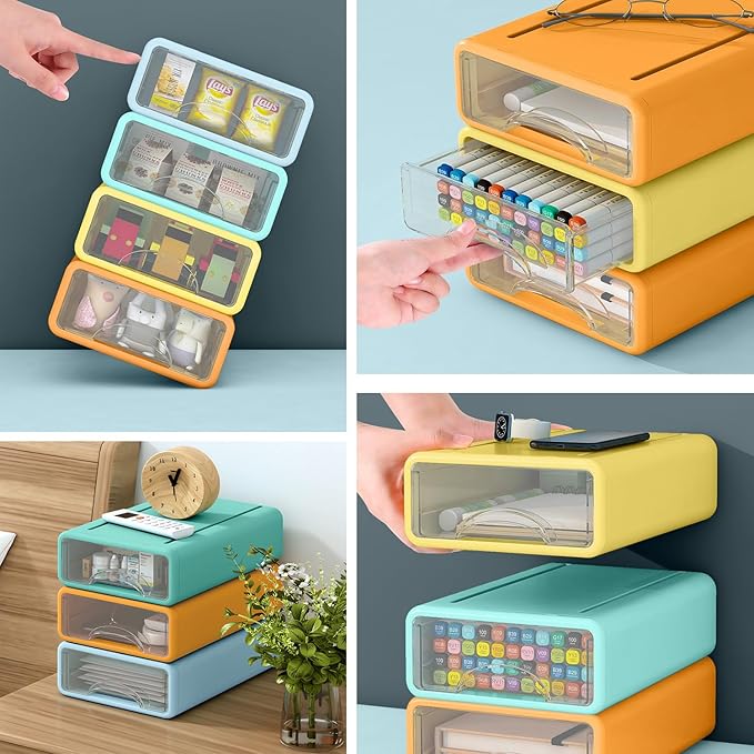 Plastic Desktop Drawer Organizer, Small 4-Tier Stackable Storage Drawers, Mini Desk Organizer for Office Stationery Makeup Vanity Supplies