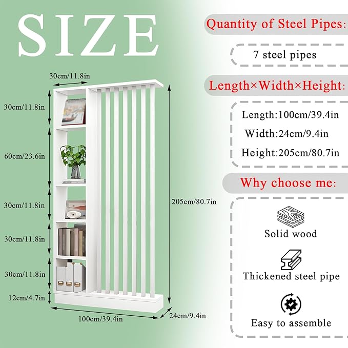 Room Divider with Shelves, Entrance Hall Partition Screen Column Floor to Ceiling - Freestanding Room Divider with Storage Shelf, Freestanding Decor for Bedroom (A White + White, 39.4in / 100cm)