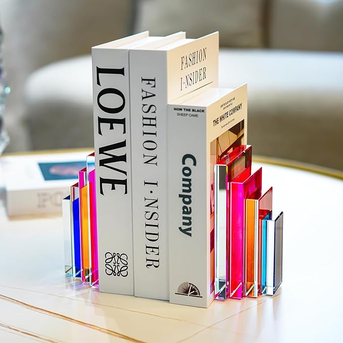 6Lbs Heavy Crystal Bookends Square Geometric Crystal Bookends Decorative Bookends for Shelves Stylish Book Stoppers for Heavy-Duty Use Non Skid Sturdy(1 Pair,Colorful)
