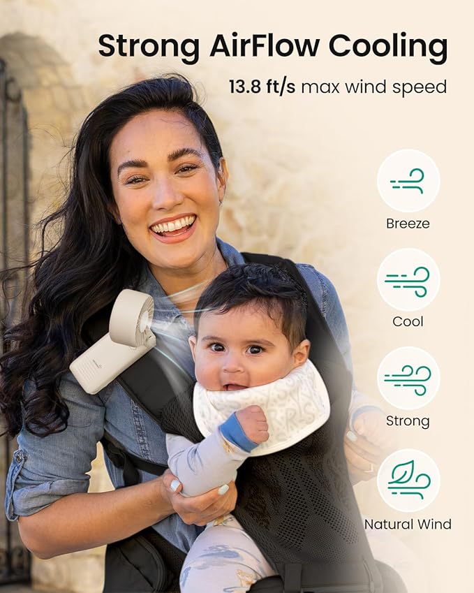 GROWNSY Portable Stroller Fan with Clip | Foldable Mini Fan for Carrier | Small Handheld Fan with Soft Night Light | Rechargeable 4-Speed Personal Fan for Travel/Desk/Bed/Backpack/Car Seat (Beige)