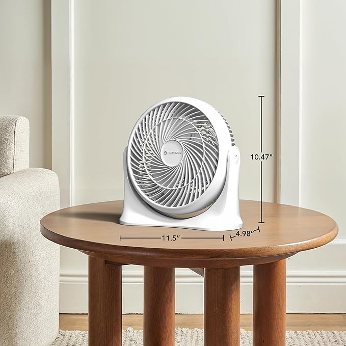 Comfort Zone 11-Inch High-Velocity Tabletop Air Circulator Fan – Quiet 3-Speed Personal Turbo Fan with 90° Adjustable Tilt & Carry Handle – Compact Desk Fan for Home, Office, or Bedroom – White