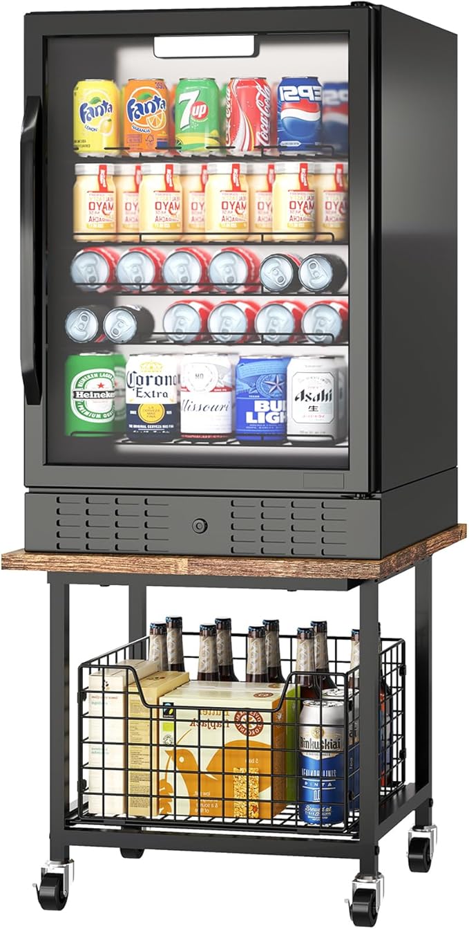 Mini Fridge Stand with Storage, Small Refrigerator Stand with Wheels, Mini Fridge Cabinet-Max Load 300 LBS Heavy Microwave Printer Stand Mini Fridge Cart for Dorm, Apartment, Kitchen, Office (Brown)