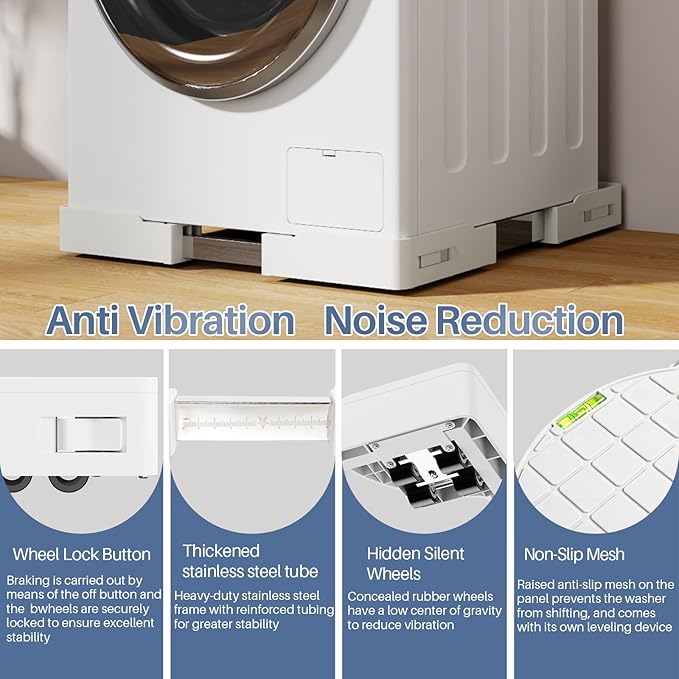 Adjustable Appliance Rollers Heavy Duty, Mobile Mini Fridge Stand Washer and Dryer Stand with 16 Hidden Silent Locking Wheels, Anti Vibration Washing Machine Pedestal Multi-Functional Base for Dryer