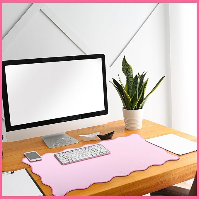 Hahafelt Scalloped Desk Mat Large Scalloped Piping Cute Desk Mat Aesthetic Preppy Table Pad Large Nonslip Pad with Edge Stitching Waterproof Gaming(Pink,23.6 x 13.8 Inches)
