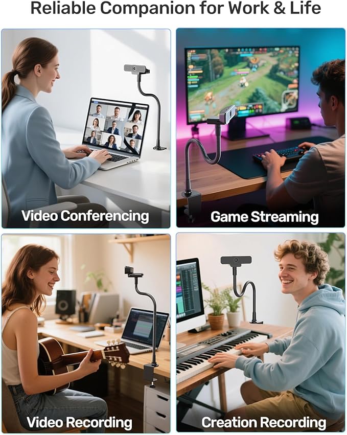 19-inch Gooseneck Webcam Mount Stand for Desk, Heavy-Duty Table Clamp & Flexible Arm for Logitech Webcam BRIO 4K C920 C920s C922 C922x C925e C930 C930e C960 C615 NexiGo N60, Cam with 1/4" Thread