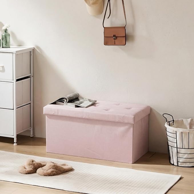 DUMOS Storage Ottoman Bench, 30in Storage Bench Foot Rest Stool with Padded Seat, Bedroom Bench with for Living Room, Support 660lbs, Pink